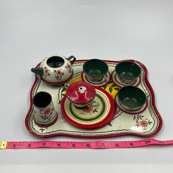 Antique 1930's Tin Ohio Art Co. Bryan Ohio Tea Set 14 Pieces Floral Pattern USA - Picture 2 of 11
